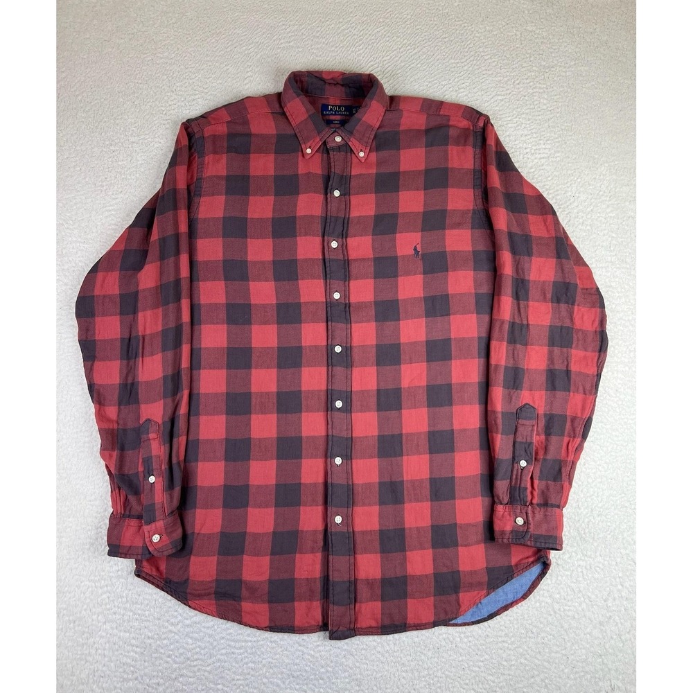 Polo Ralph Lauren Shirt Mens LT Red Plaid Indigo Cotton Long Sleeve Button Up